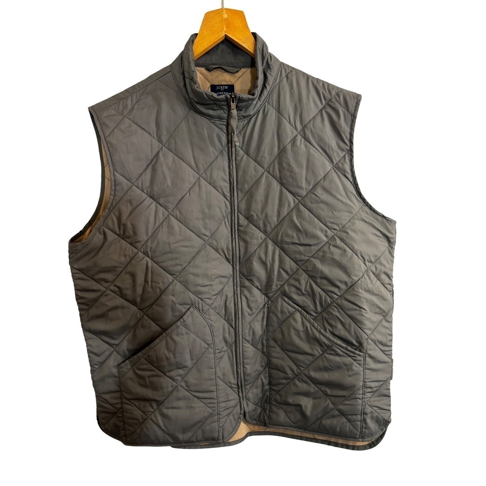 J Crew Authentic Outerwear Quilted Vest Mens XL Gray Full Zip Pockets Lined